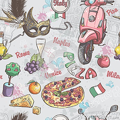 Seamless texture on italy. With a picture of food, fruit, wine, carnival masks and other Vector Illustration