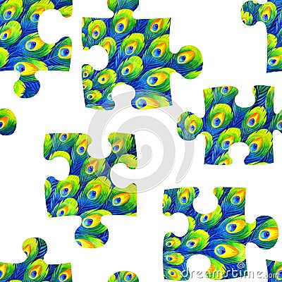 Seamless texture of jigsaw puzzles with the image of peacock feathers Cartoon Illustration