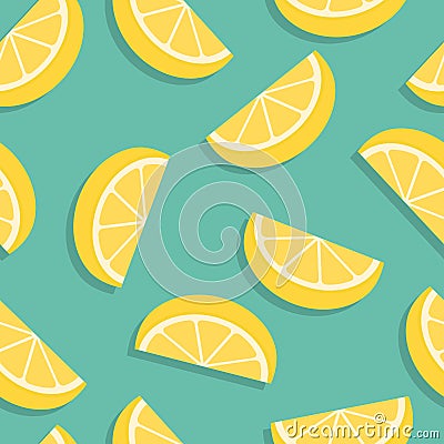Seamless texture with lemons slices on vibrant turquoise color background Vector Illustration