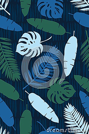 Seamless texture with palm leaves, monsters and banana leaves on a background of abstract strips. Vector illustration. Vector Illustration