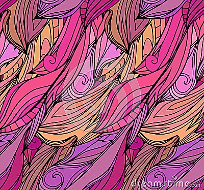 Seamless texture with pink feathers with doodle pattern. Vector Illustration