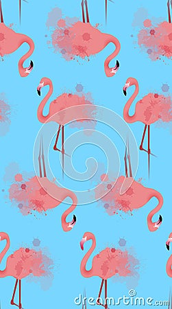 Seamless texture of pink flamingos with watercolor splashes Vector Illustration