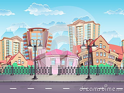 Seamless texture summer town for computer games, web design, etc. Vector Illustration