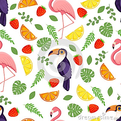 Seamless texture with tropical bird toucan, flamingos, leaves, berries and fruits. Pattern vector illustration. Vector Illustration