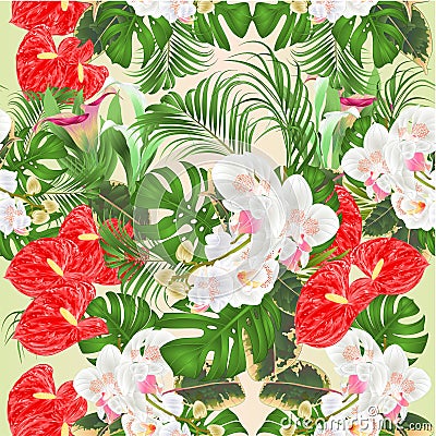 Seamless texture tropical flowers floral arrangement, with beautiful white orchids lili anthurium cala palm,philodendron vintag Vector Illustration