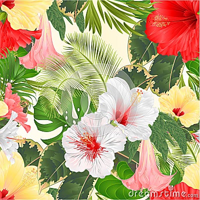 Seamless texture tropical flowers floral arrangement, with white red and yellow hibiscus and Brugmansia palm,philodendron vint Vector Illustration