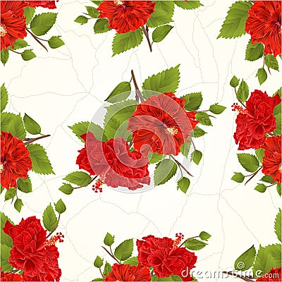 Seamless texture two red hibiscus stem tropical flower cracks in the porcelain vintage hand draw vector Vector Illustration