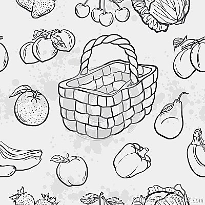 Seamless texture and vegetables, fruit and baskets Vector Illustration