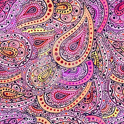 Seamless Texture With Watercolor Vivid Pink And Yellow Paisley Stock Photo