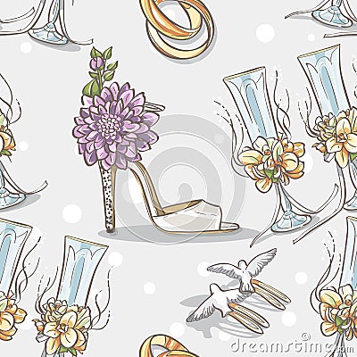 Seamless texture wedding with wedding rings, glasses and shoes bride Vector Illustration