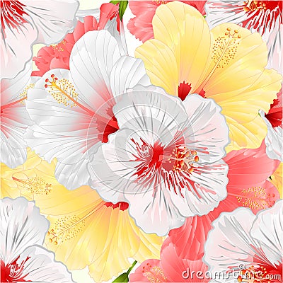 Seamless texture white pink and yelow tropical plant hibiscus natural background vintage vector illustration editable Vector Illustration