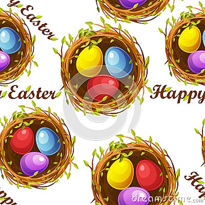 Seamless textured pattern of nests with eggs for Easter Day. Vector Illustration