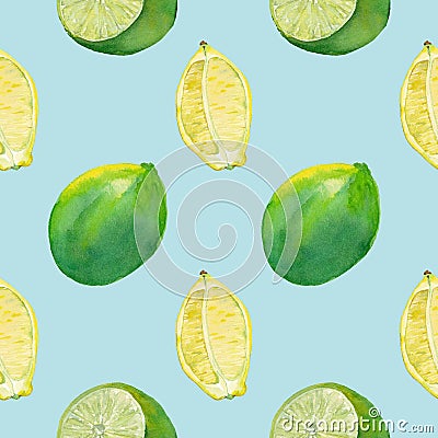 Seamless tile with lemon and lime on light blue Stock Photo