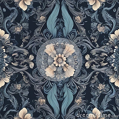 A seamless tile pattern, symetrical, minimalist floral design, flat 2d, blue muted color and pastel hues Stock Photo