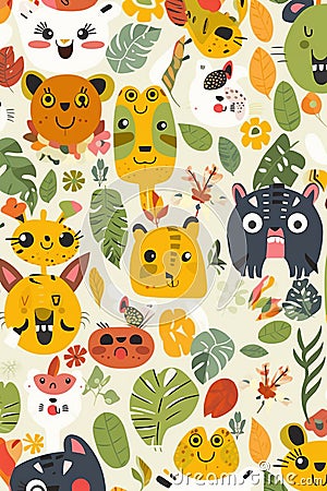 Seamless tile repeat pattern of jungle animals, big cute kawaii eyes, big smile, leaves, flowers, kawaii style characters Stock Photo