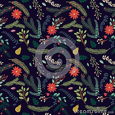 Seamless Tileable Christmas Holiday Floral Background Pattern Vector Illustration