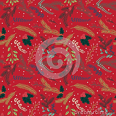 Seamless Tileable Christmas Holiday Floral Background Pattern Vector Illustration