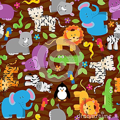 Seamless, Tileable Jungle Animal Themed Background Patterns Vector Illustration