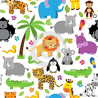 Seamless, Tileable Jungle Animal Themed Background Patterns Vector Illustration