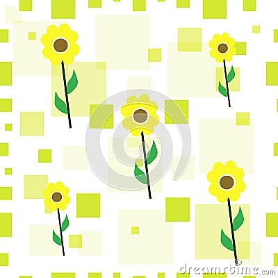 Seamless tileable texture with yellow sunflowers and green squares Vector Illustration