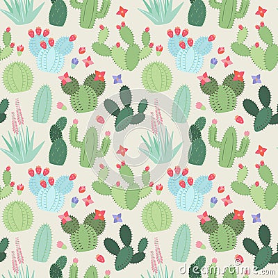 Seamless, Tileable Vector Background with Cactus and Succulents Vector Illustration