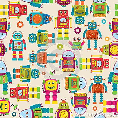 Seamless Tileable Vector Background Pattern with Cute Robots Vector Illustration