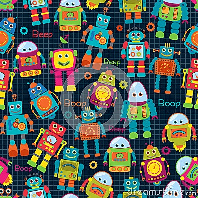 Seamless Tileable Vector Background Pattern with Cute Robots Vector Illustration