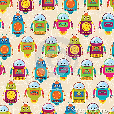 Seamless Tileable Vector Background Pattern with Cute Robots Vector Illustration