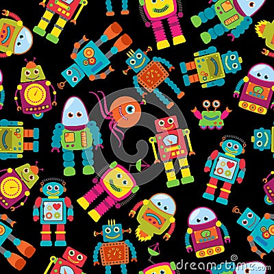 Seamless Tileable Vector Background Pattern with Cute Robots Vector Illustration