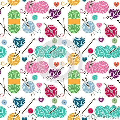 Seamless, Tileable Vector Background with Yarn, Knitting Needles Vector Illustration