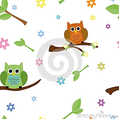 Seamless tiling texture with owls and flowers Vector Illustration