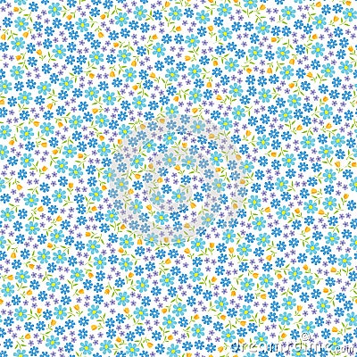 Seamless Blue, Turquoise, Light Purple And Yellow Tiny Daisy Flower Pattern With White Background Vector Illustration