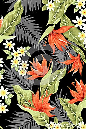 Seamless topical flower pattern with black color Stock Photo