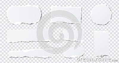 Seamless torn ripped paper layered isolated. Stripes, round, rectangular paper scraps. White color. Transparent background. Vector Illustration