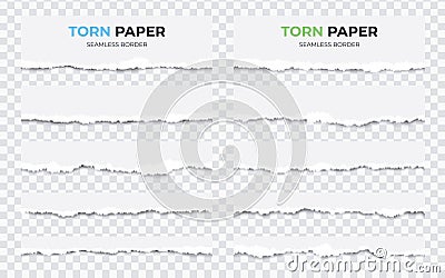 Seamless torn ripped paper layered isolated. White color. Transparent background. Stripes, scraps of paper set. Realistic template Vector Illustration