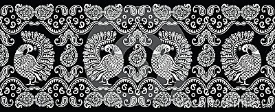 Seamless traditional indian black and white peacock border Vector Illustration