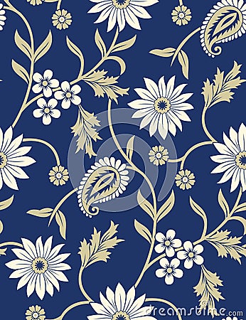 Seamless traditional indian paisley with floral pattern Vector Illustration