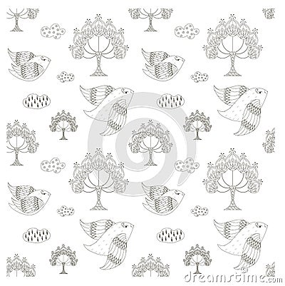 Seamless trees, birds, clouds monochrome pattern Vector Illustration