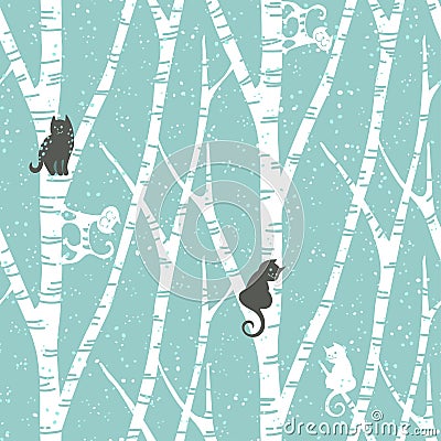 Seamless trendy pattern with abstract birch trees, cats and snow. Floral winter vintage wallpaper. Fanny vector Vector Illustration