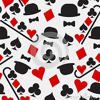 Seamless trendy pattern of figures of red and black symbols of the card suit-clubs, tambourines, spades, hearts and a bowler hat, Vector Illustration