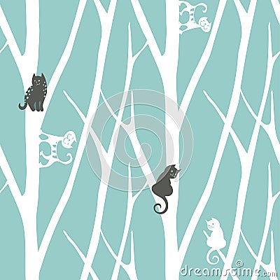 Seamless trendy pattern with trees and cats. Floral vintage wallpaper. Fanny vector illustration Vector Illustration