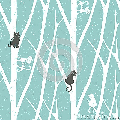 Seamless trendy pattern with trees fnd cats. Floral vintage wallpaper. Fanny vector illustration Vector Illustration