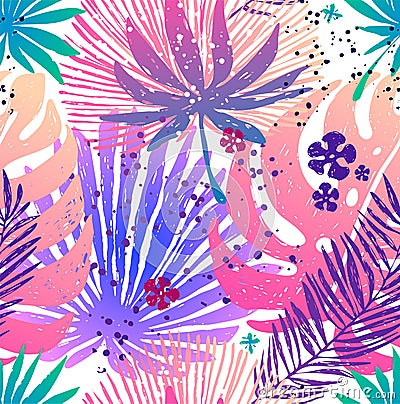 Seamless trendy pink pattern with exotic palm leaves and Monstera. Vector botanical illustration, design element for for Vector Illustration