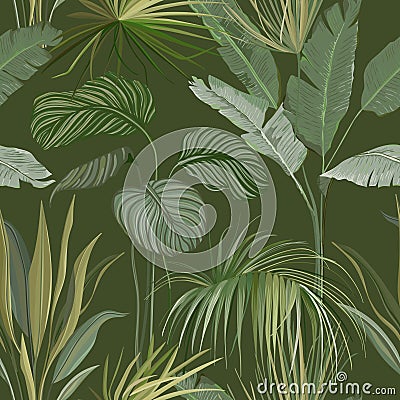 Seamless Tropical Botanical Background, Floral Wallpaper Print with Exotic Philodendron Monstera Jungle Leaves Vector Illustration