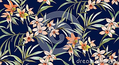 Seamless Tropical Floral with Leaves, Romantic Flowers Pattern Ready for Textile Prints. Stock Photo