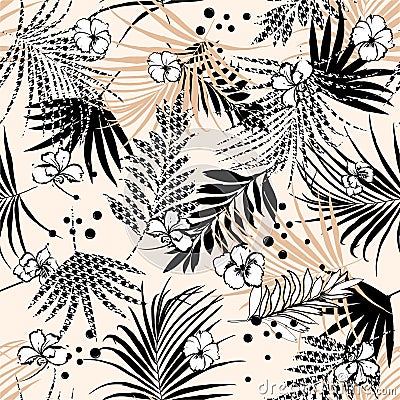 Seamless tropical floral pattern with flower and houndstooth fill-in leaves. Vector black and white illustration Cartoon Illustration