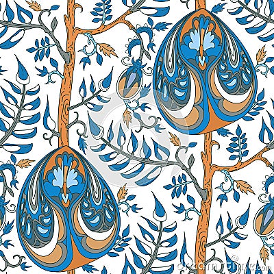 Seamless tropical floral pattern with indian motif. Stylized flowers and branches waves or stripes Vector Illustration