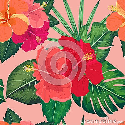 Seamless tropical flower ,plant vector pattern background Stock Photo