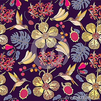 Seamless tropical flowers with bananas. Vector Illustration