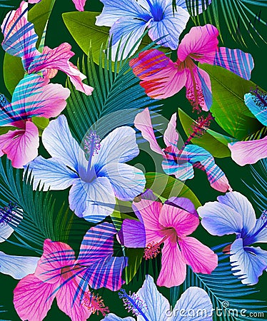 Seamless tropical pattern, beautiful hibiscus and palm leaves Stock Photo